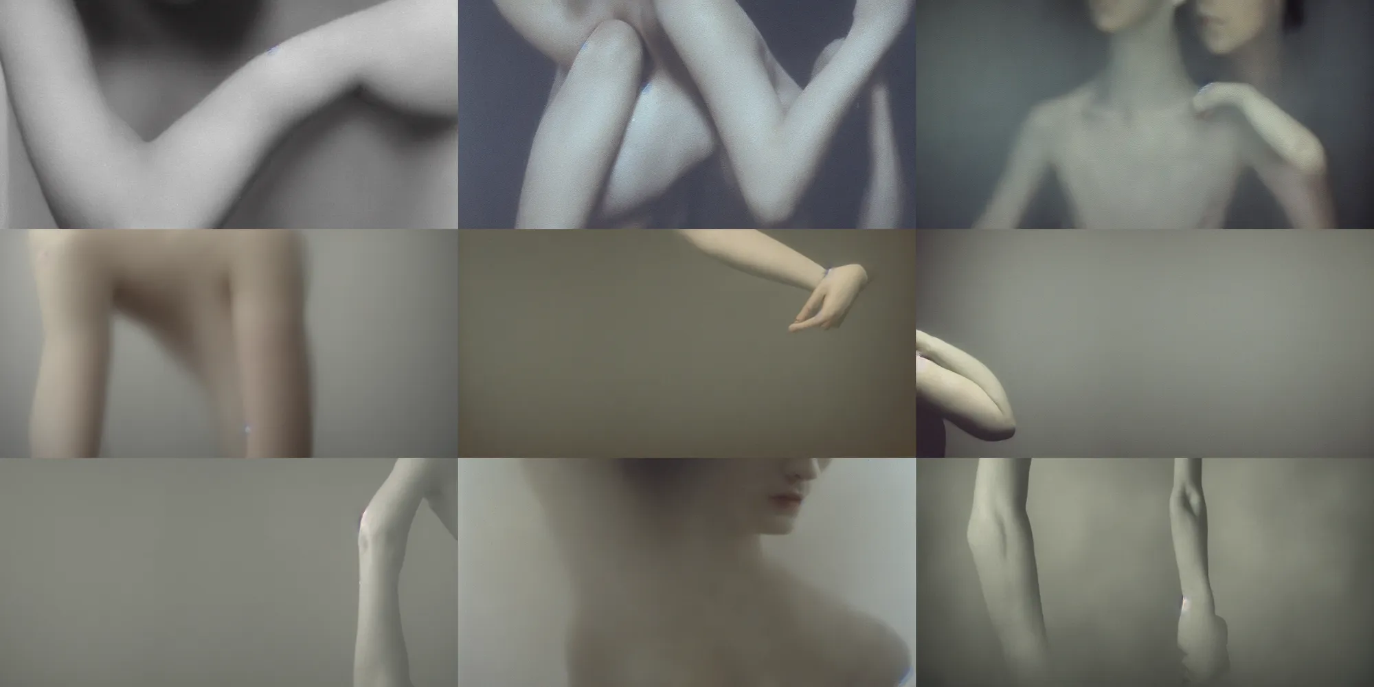 Prompt: out of focus photorealistic pale arm by sarah moon, very blurry, translucent white skin, foggy, closeup