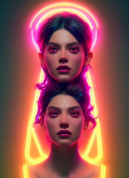 Image similar to beautiful neon woman, by greg rutkowski, symmetry, concept art by artgerm, distance render portrait of a hyper realistic, pixar, intense, epic, powerfull, alphonse mucha, octane render, highly detailed, high quality, 8 k, soft lighting, path traced, and uang guangjian and gil elvgren, symmetry!!