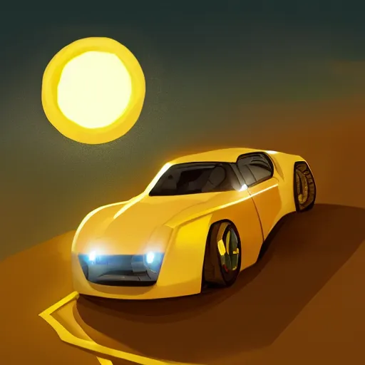 Prompt: a drawing of a yellow race car with the sun in the background, concept illustration by stefan gierowski, trending on artstation, retrofuturism, 2 d game art, concept art, matte illustration