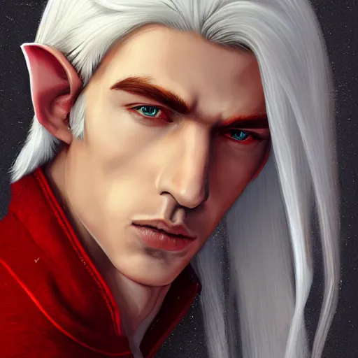 Image similar to a highly detailed portrait of a male elf with white hair, in red clothes, artstation, deviantart, professional, photorealistic