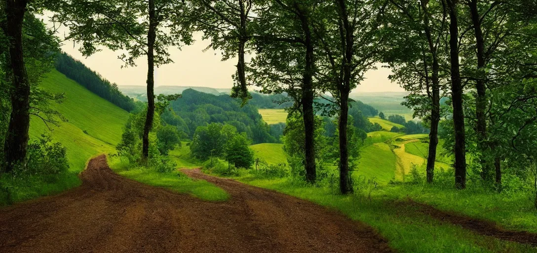 Prompt: The landscape of a green hilly forest somewhere in Germany, a country road is visible, through which a deer runs, ultra detailed