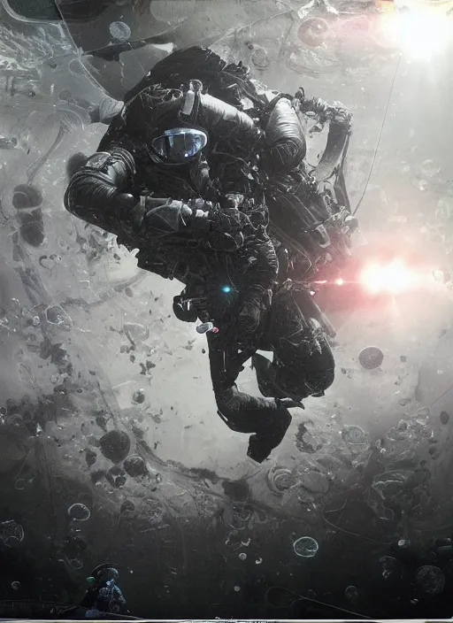 Image similar to astronauts in dark and empty void underwater - complex and hyperdetailed technical suit. reflection and dispersion materials. rays and dispersion of light. volumetric light. 5 0 mm, f / 3 2. noise film photo. flash photography. ultra realistic, wide angle. poster by wayne barlowe, hajime sorayama aaron horkey, craig mullins