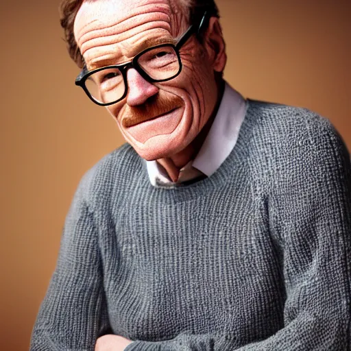 Prompt: A photograph of old Bryan Cranston in his eighties who looks like Bryan Cranston wearing a sweater in the 2010s, Bryan Cranston, taken in the late 2010s, taken on a 2010s Camera, realistic, hyperrealistic, very realistic, highly detailed, very detailed, extremely detailed, detailed, digital art, trending on artstation, headshot and bodyshot, detailed face, very detailed face
