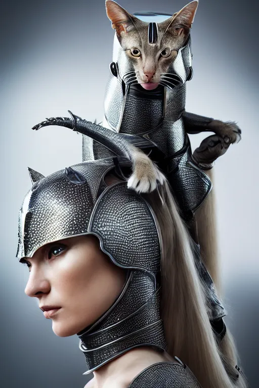 Image similar to female knight wearing a real cat on her head, armor designed by wayne barlowe, swarovski and tiffany, blonde hair, symmetry, sci - fi, cinematic, elegant, luxury, perfect light, perfect composition, dlsr photography, sharp focus, dark fantasy, 8 k, ultra hd, sense of awe, highly detailed, realistic, intricate