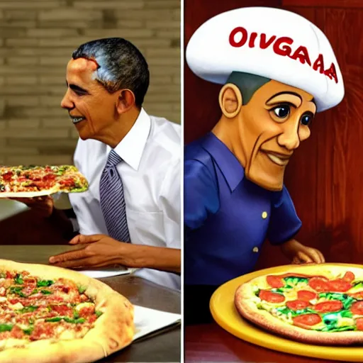 Image similar to “ diorama of barack obama serving pizza at an olive garden, actual photo, kind of like chuck e. cheese ”