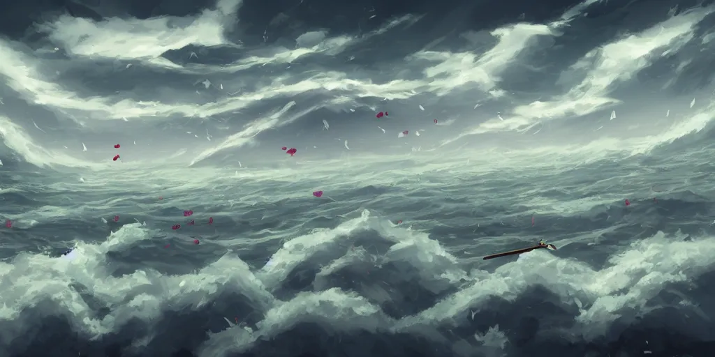 Image similar to background art of flying longswords flowing and floating through the slicing through directional wind on a simple cloudy sky background featuring an enormous tsunami, big puffy clouds, large individual rose petals, lotus petals, angular background elements, large polygonal fragments, anime, studio ghibli, artgerm, manga, trending on artstation, art nouveau, mature color scheme