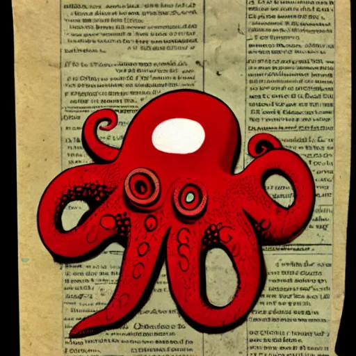 Image similar to a red octopus floats through a portal, holding a newspaper, clay style