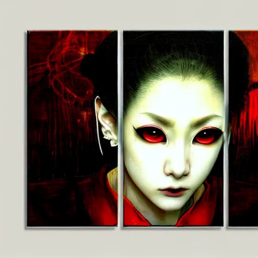 Image similar to yoshitaka amano blurred and dreamy realistic three quarter angle horror portrait of a sinister young woman with short hair, big earrings and red eyes wearing office suit with tie, junji ito abstract patterns in the background, satoshi kon anime, noisy film grain effect, highly detailed, renaissance oil painting, weird portrait angle, blurred lost edges