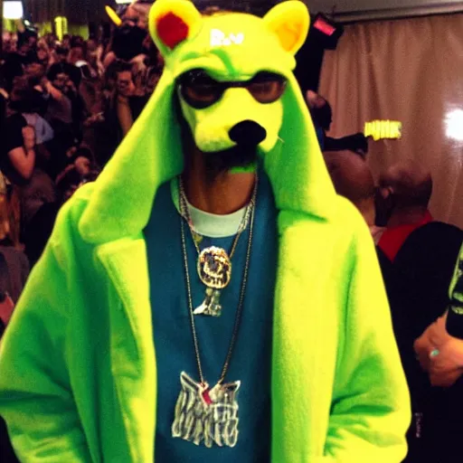 Image similar to snoop dogg as a fursuit at a furry convention, flash photography