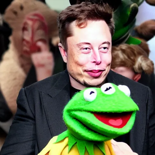 Image similar to elon musk eating kermit the frog