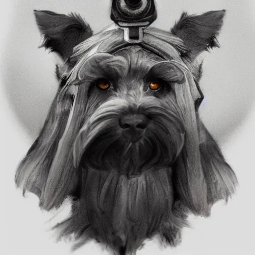 Image similar to portrait of stoic looking miniature schnauzer, military uniform, black fir, white eyebrows, fantasy, intricate, elegant, highly detailed, centered, dark, smokey, charcoal painting, digital painting, artstation, concept art, smooth, sharp focus, illustration, art by artgerm and greg rutkowski and alphonse mucha