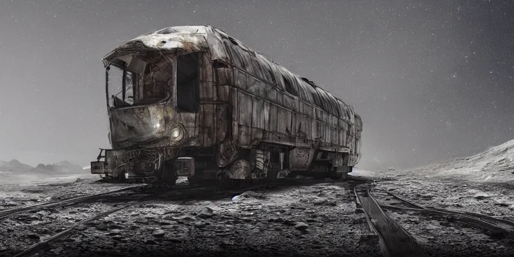 Image similar to digital art, trending on artstation, an old broken train on the moon, lunar landscape, moody