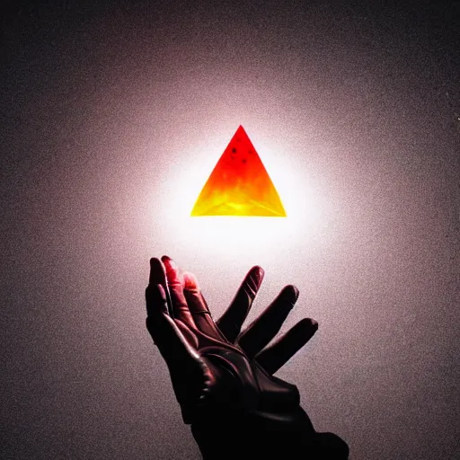 Prompt: a black gloved hand holding a dimly glowing triangular shard of kryptonite in pitch dark, black background