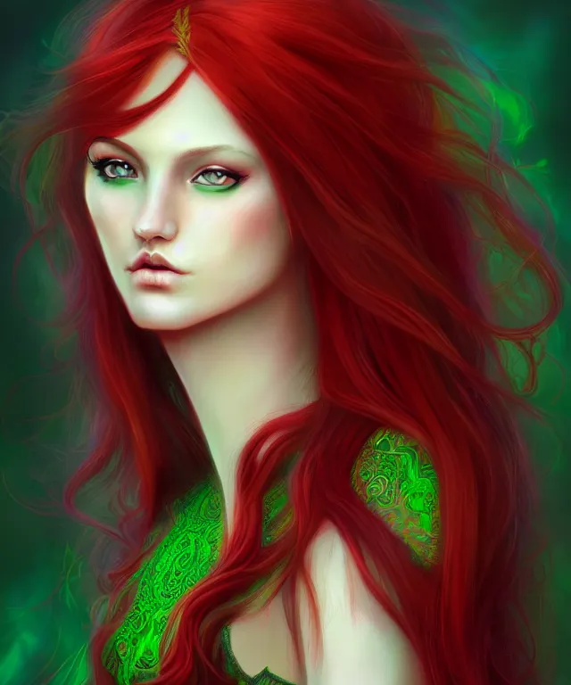 Image similar to Fae teenage girl, portrait, face, long red hair, green highlights, fantasy, intricate, elegant, highly detailed, digital painting