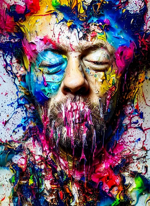 Image similar to abstract expressionist mid shot portrait of a man made of very thick impasto paint and acrylic pour and coloured powder explosion and splashing paint and dripping paint and flying paint chunks, eyes closed or not visible, expressing strong emotions, art by antony micallef, motion blur, hyperrealistic, intricate art photography, anatomically correct, realistic crisp textures, 1 6 k