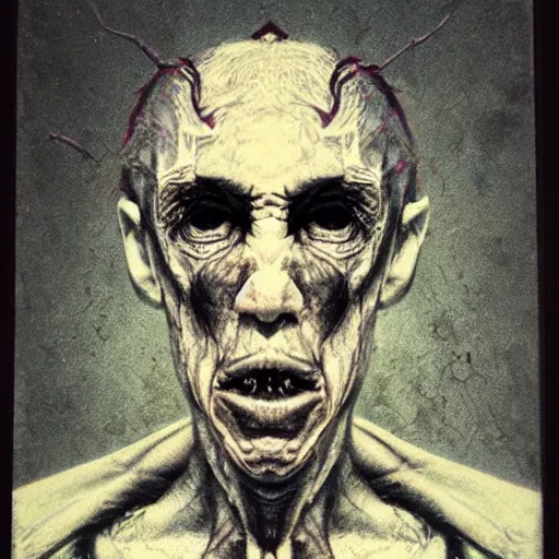 Image similar to portrait of the exiled god, polaroid photo, cosmic horror, photo realistic, lovecraft, flesh, nightmare, demon, old man, no eyes, hate, monster