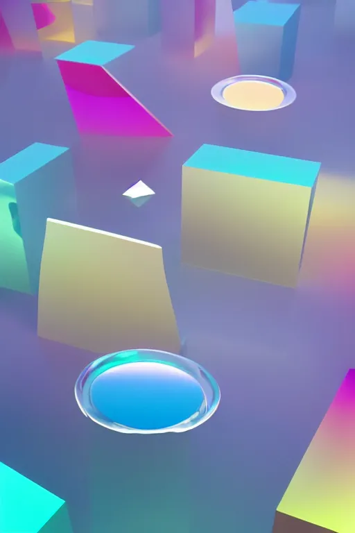 Prompt: high quality 3 d render of minimal abstract gradient coloured complex geometric shapes floating in a white space with watery reflecting glass materials, matte colorful gradients, unreal engine octane render raytracing, diffuse light