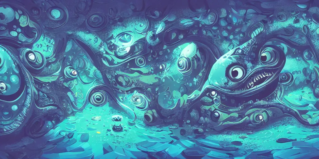 Image similar to of an intricate deep sea with strange cute friendly happy creatures with huge eyes, long tongue, round teeth and goofy funny face, appearing from the background, in the style of gehry and gaudi, macro lens, shallow depth of field, ultra detailed, digital painting, trending artstation, concept art, illustration, cinematic lighting, photorealism, epic, octane render