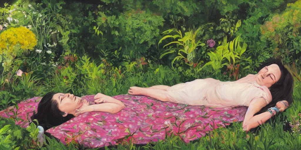 Image similar to painting of woman in fetal position lying down in garden