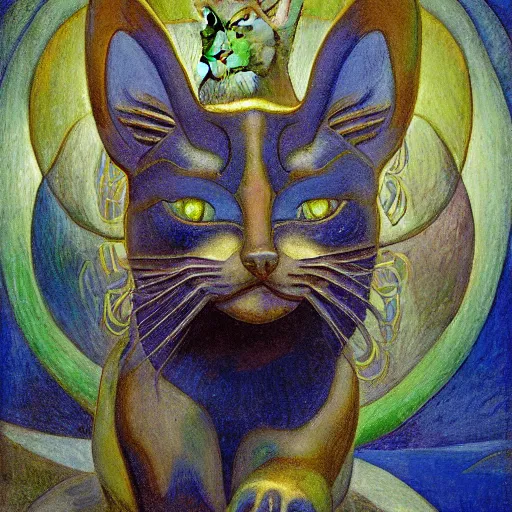 Image similar to cloisonne cat head sculpture, by annie swynnerton and diego rivera and nicholas roerich and jean delville, symbolist, dramatic lighting, god rays, art brut, rich colors, smooth, sharp focus, extremely detailed, adolf wolfli, by janet fish