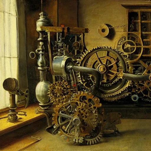 Prompt: A still life of a rusty robot, Pieter Claesz, William James Glackens, chains, gears