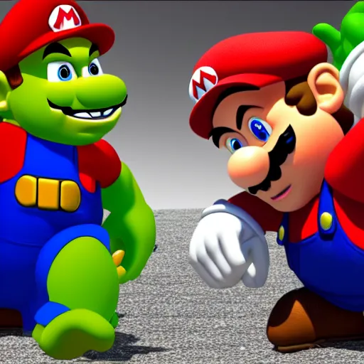 Image similar to mario vs shrek, showdown