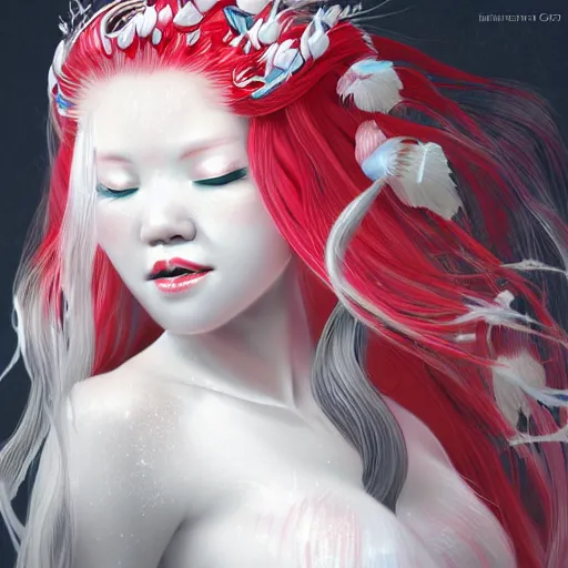 Prompt: albino maiko as a mermaid with very long hair, red and white neon, concept art, intricate details, highly professionally detailed, cgsociety, highly detailed -