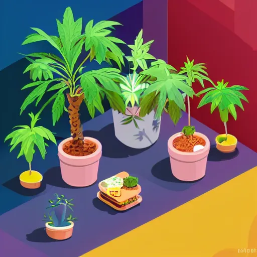 Prompt: isometric cute cartoon illustration style cafe australian, decorated with small pot plants 🪴 cannabis leaves, utopia frontage, pop art poster, beautiful colors pastel palette by will barnet pixar render