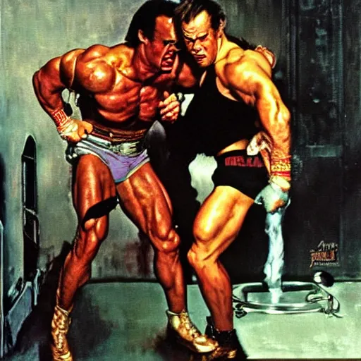 Prompt: Arnold Schzwarzenegger fights Jack Nicholson painted by norman rockwell and tom lovell and frank schoonover