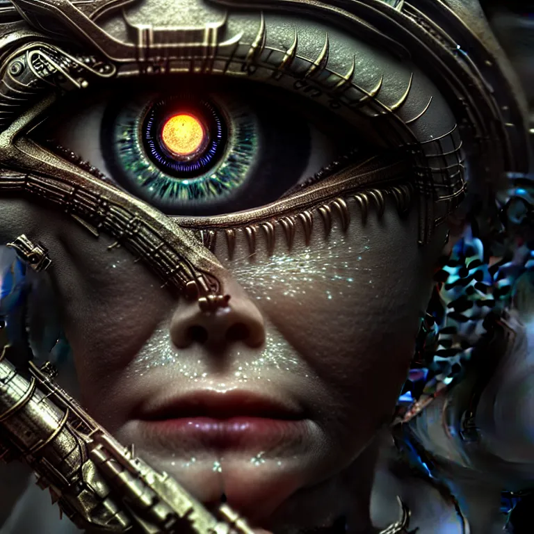 Image similar to ultra realistic beautiful cyborg deity eyes closed, fantasy, intricate details, movie still, highly detailed, photorealistic, octane render, eerie, 8k, art by raphael and michael welan