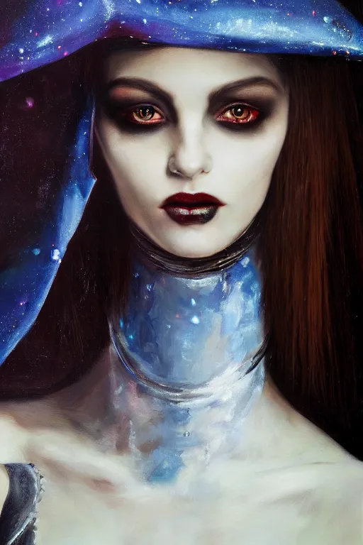 Image similar to hyperrealism oil painting, close - up portrait of european medieval brunette vampire fashion model, knight, steel gradient mixed with nebula sky, in style of baroque