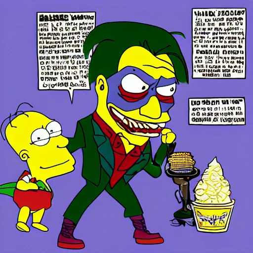Prompt: heath ledgers joker giving ice cream to batman in the style of the simpsons, highly detailed, sharp image, 4 k