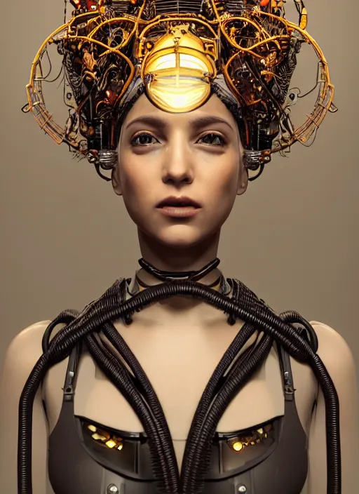 Prompt: symmetrical oil painting of a beautiful cyborg girl with hair made out of cords and wires, wearing steampunk headdress, sci - fi, vr headset, retro futurism, intricate details, filigree, jewellery, gold, black paper, hokusai, wlop, cinematic light, octane render, cinema 4 d, ray tracing, 8 k