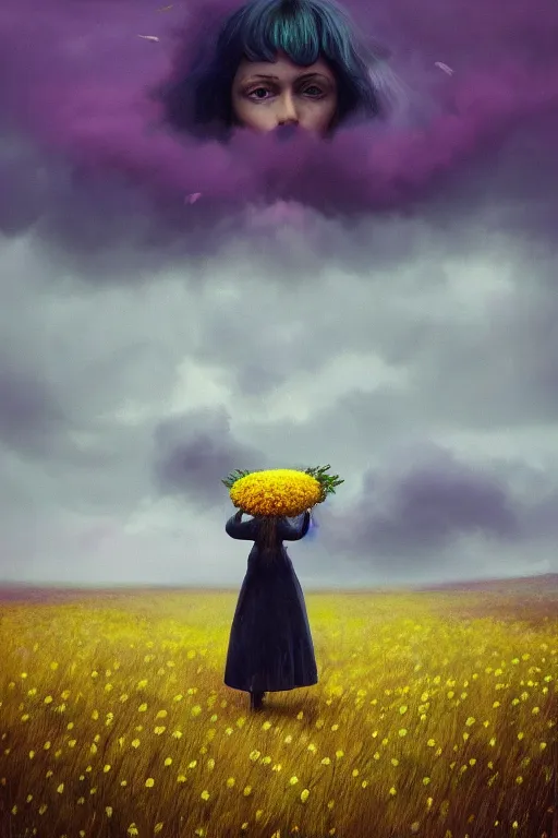 Image similar to portrait, enormous daisy flower head, a girl wearing coat in heather field, surreal photography, wind and cold, dramatic sky, impressionist painting, digital painting, artstation, simon stalenhag