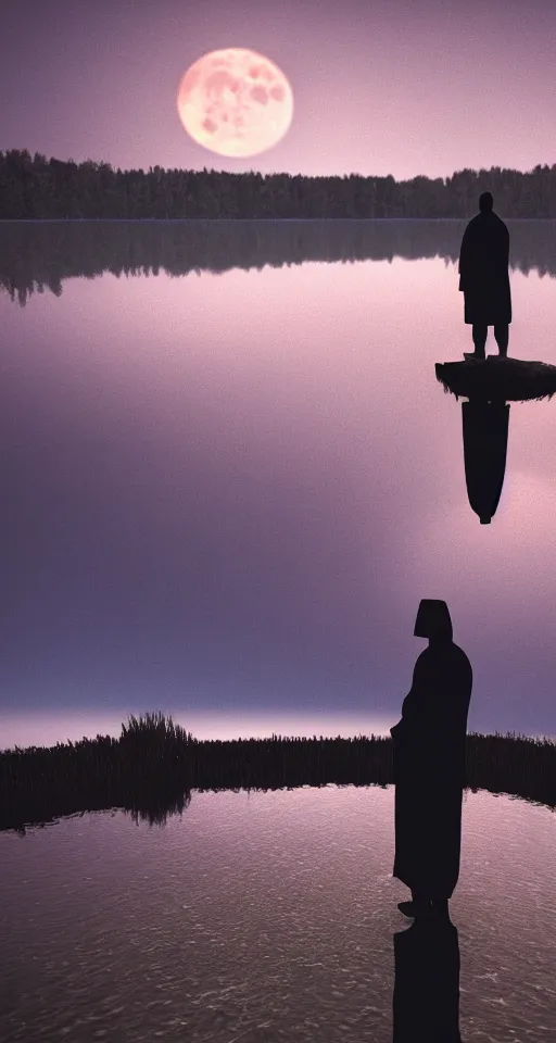 Image similar to a robed figure standing at the side of a dark lake, looking at the reflection of the moon in the water realistic, colorful, highly detailed, unreal engine