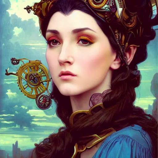 Image similar to a portrait painting of a fantasy steampunk lady, highly detailed, art by tristan eaton and artgerm and william - adolphe bouguereau