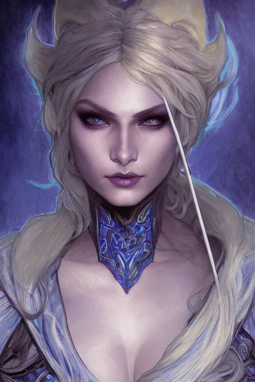 Prompt: painted close up portrait of drow ranger, blue skin, beautiful, dangerous, stoic, blue leather armor, ice arrows, jungle, fantasy, intricate, elegant, highly detailed, digital painting, artstation, concept art, smooth, sharp focus, illustration, art by gaston bussiere and alphonse mucha