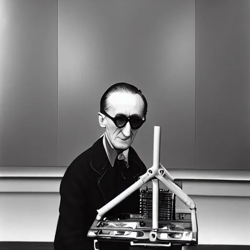 Image similar to Kodachrome portrait of Marcel Duchamp with an technologival machine, archival pigment print in the style of Hito Steyerl, studio shooting, contemporary art