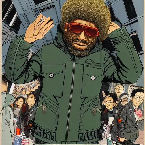 Image similar to illustration by katsuhiro otomo, black man with afro hair, raspy beard stubble, wearing an adidas army green jacket, in the streets of tokyo, akira style, by katsuhiro otomo