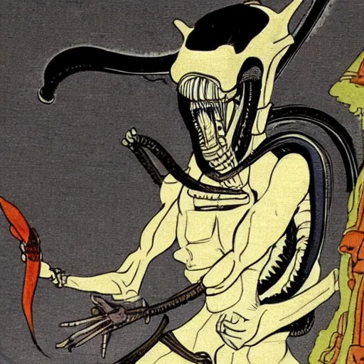 Prompt: xenomorph alien in the edo period. realistic.