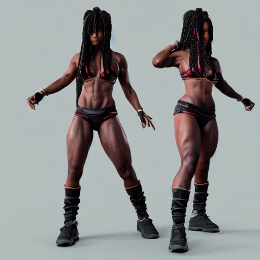 Prompt: 3 d render of a full female body, a very attractive black woman with long dreadlocks, stoic face, chiseled abs, wearing fitness gear, dead or alive 6, tekken 7, rumble roses, thick legs, highly detailed, artstation, super realistic, unreal engine