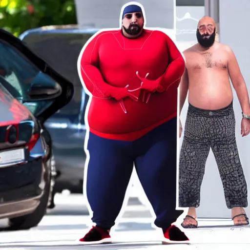 Image similar to DJ Khaled as morbidly obese Spiderman, MCU set photo, live-action adaptation, photograph