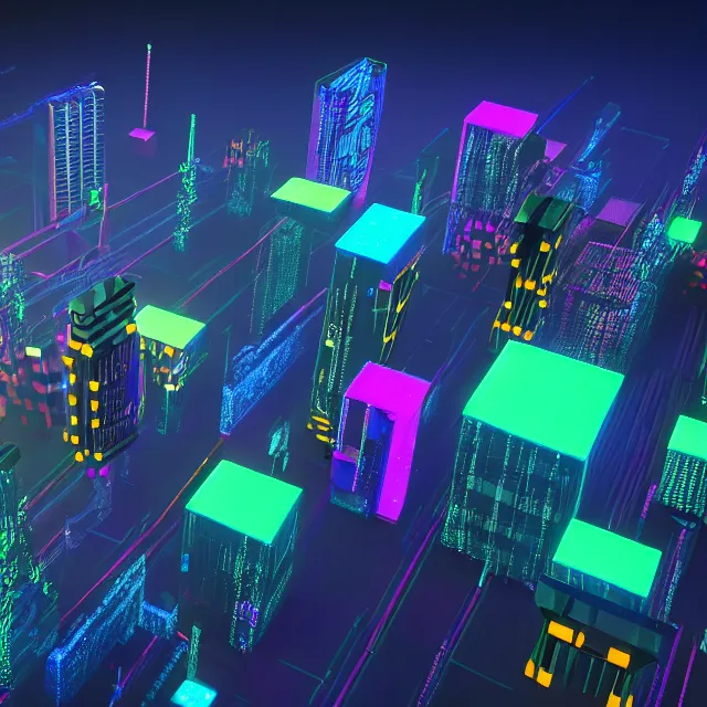 Image similar to 3 d render of glowing futuristic voxel blocks tied together with chains, in the distance a cyberpunk blockchain city is seen, blockchain, symmetry, painted, intricate, volumetric lighting, beautiful, rich deep colors masterpiece, sharp focus, ultra detailed, in the style of dan mumford and marc simonetti