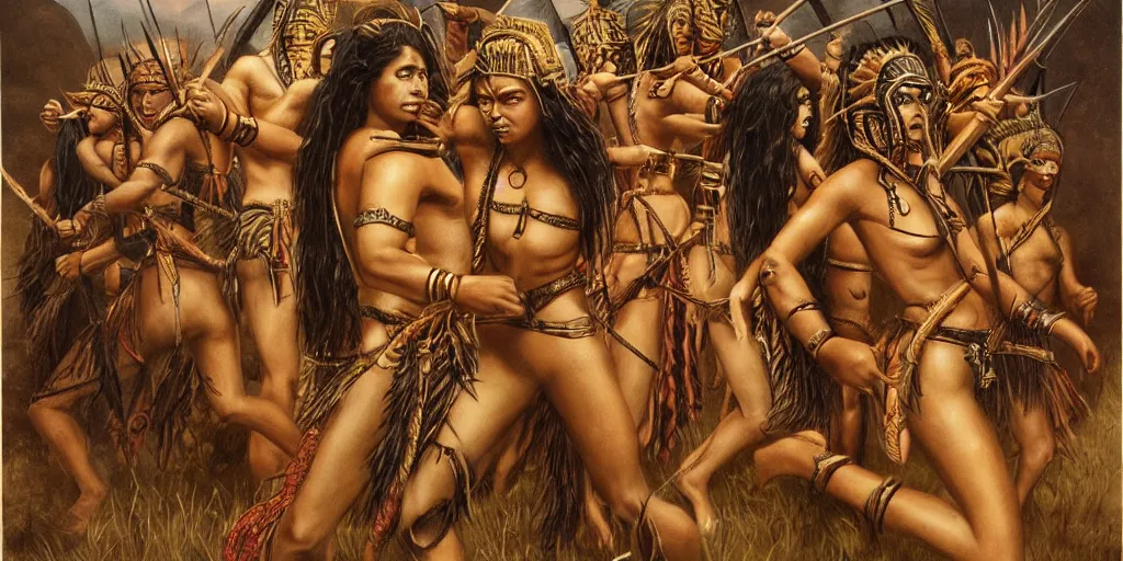 Image similar to movie, powerful beautiful aztec and Amazonian warrior female tribes attack each other,bows and arrows, spears, epic, vintage, Boris vallejo, sepia, apocalypto