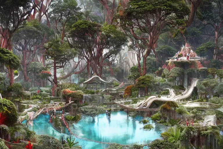 Image similar to brutalist futuristic white Aztec structures, manicured garden of eden, red pools and streams, tropical foliage, birds, sculpture gardens, Winter, by Jessica Rossier and Brian Froud