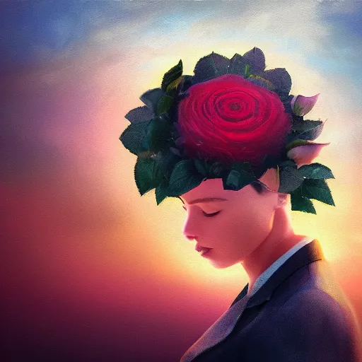 Prompt: closeup, large rose flower under head, frontal, girl in a suit, surreal photography, sunrise, dramatic light, impressionist painting, digital painting, artstation, simon stalenhag