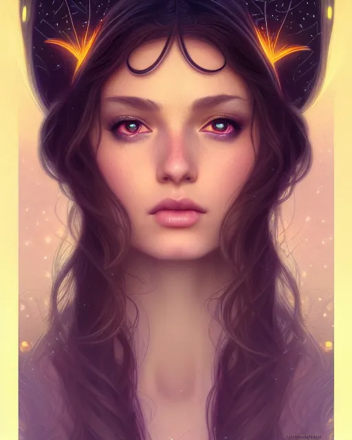 Image similar to symmetry portrait of brunette princess, glam, fae, fireflies, forest background, intricate, elegant, highly detailed, digital painting, artstation, concept art, smooth, sharp focus, illustration, art by artgerm and greg rutkowski and fra angelico and alphons mucha