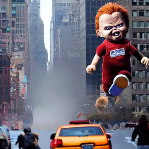 Image similar to giant chucky doll attacking new york city and causing destruction, people running in terror