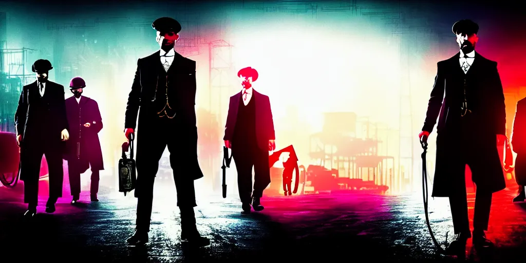 Prompt: Peaky Blinders, in Cyber Punk 2077, reimagined as a cyberpunk dystopia, cinematic backlighting, 4k highly detailed digital art