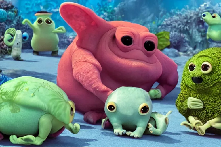 Image similar to pixar tardigrade character, tardigrade eating algae with his friends, disney movie, ultra detailed film still